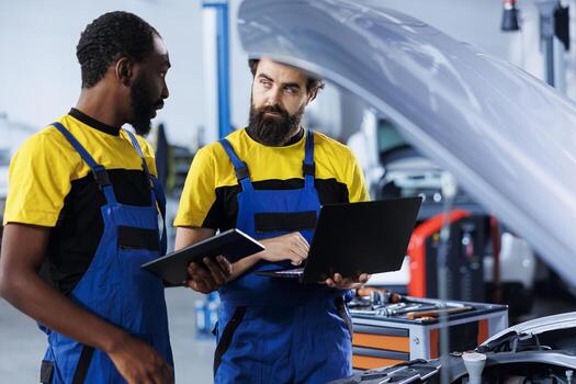 Colleagues in car service use tablet and laptop to calculate invoice for client after repairing motor. Employees discussing in garage, trying to determine final costs after servicing vehicle photo