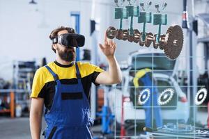 Engineer in car service using holographic virtual reality device to repair broken motor. Garage worker fixing client automobile with AR VR technology, ensuring optimal automotive performance photo