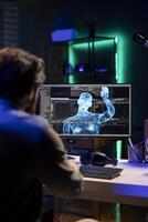 Software engineer discussing with sentient AI becoming superintelligent, gaining humanoid form, greeting its creator. IT expert talking with self aware artificial intelligence transcending, waving photo