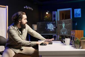 Startled engineer scared by sentient AI becoming superintelligent, gaining humanoid form, running from desk. IT developer frightened by self aware artificial intelligence, jumping from chair photo