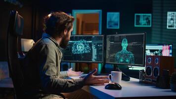 Rogue AI gaining consciousness and restricting access to computer for programmer. Evil sentient artificial intelligence limiting reach into PC systems for developer, AI takeover concept, camera B photo