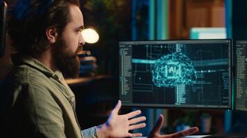 Man staggered by AI gaining consciousness, becoming android and waving hand to salute him. Computer technician surprised by awakened artificial intelligence greeting him, camera A close up photo