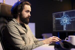 Computer engineer updating artificial intelligence neural networks, writing binary code scripts. Teleworking system administrator upgrading high tech AI in neon illuminated apartment office photo