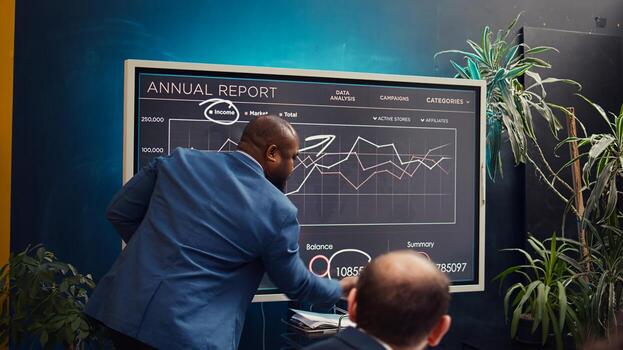 Chief operating officer presenting annual data reports in a conference room, reviewing product development to ensure alignment with customer needs and demands. Information sharing meeting. Camera B. photo