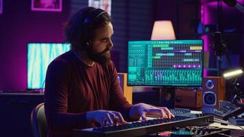 Artist playing piano keyboard and recording sounds for mix and master session, using daw software interface to produce new songs. Music producer composing tunes with midi controller. Camera A. photo