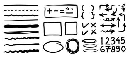Set of hand drawn elements for selecting text.Hand drawn frames, circle and arrows on white background. vector