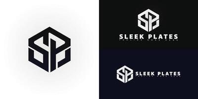 Abstract hexagon initial letter SP or PS in black color isolated on multiple background colors. The logo is suitable for premium kitchen appliance logo design inspiration templates. vector