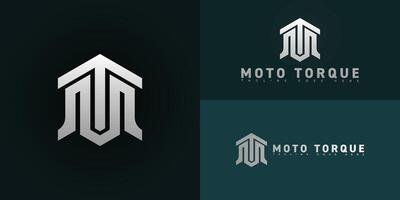 Abstract hexagon initial letter MT or TM in silver-white color isolated on multiple background colors. The logo is suitable for outdoor electric motorcycle logo design inspiration templates. vector