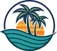 There are logos with palm trees, suns, waves, and sunset imagery white background vector