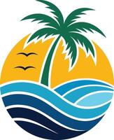 Illustration of palm tree on beach in circular frame vector