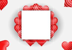 Valentine's day poster banner . Romantic background with realistic design elements, 3d red hearts with white square frame vector