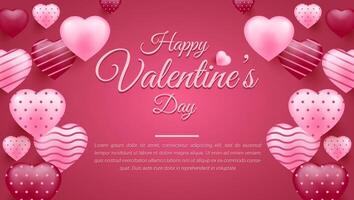 Valentine's day banner background. Romantic background with realistic design elements, gift box, metal hearts, balloons in the shape of heart vector