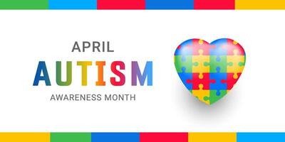 April Autism Awareness Month banner with 3d puzzle heart background. Web banner template vector