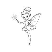Tinker Bell Outline Design, Tinkerbell Clipart, Tinker Bell Pointing with her wand Illustration in black and white vector
