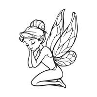 Tinker Bell Outline Design, Tinkerbell Clipart, Tinker Bell Kneeling on One Knee Illustration in black and white vector