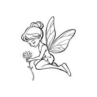 Tinker Bell Outline Design, Tinkerbell Clipart, Tinker Bell holding a small flower Illustration in black and white vector