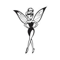 Tinker Bell Outline Design, Tinkerbell Clipart, Tinker Bell Standing Illustration in black and white vector