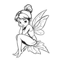 Tinker Bell Outline Design, Tinkerbell Clipart, Tinker Bell Sitting on a Leaf Illustration in black and white vector