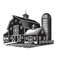 Homestead Silhouette, Farming Scene clipart - A classic barn with a farmhouse and silo nearby illustration in black and white vector