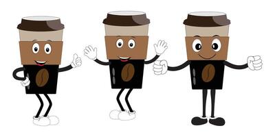 Coffee cup mascot character set, funny coffee cups with different facial expressions and poses. Funny colorful characters in doodle style vector