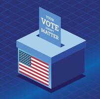 Isometric voter ballot inserted in ballot box with USA flag. The ballot has the message Your vote doesn't matters. Objects on blue background. vector