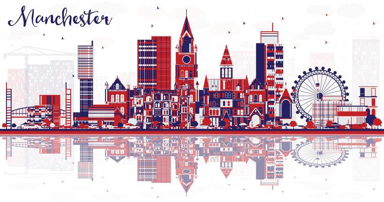 Abstract Manchester city skyline with color buildings and reflections. Business Travel and Tourism Concept with Modern Architecture. Cityscape with landmarks.