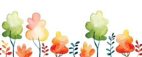 cute autumn seamless border with trees. watercolor frame with forest, autumn leaves and bushes vector