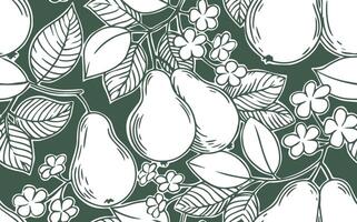 seamless monochrome pattern with pears. flowers, leaves and pear fruits, abstract print vector