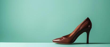 Brown Leather High Heel Shoe on Teal Background photo