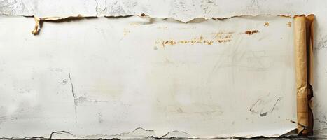 Rolled Up Paper Document on White Wall With Imperfections photo
