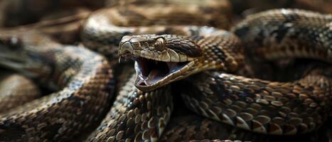 A Close Up Of A Snake With Its Mouth Open In The Wild photo