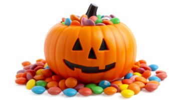 A pumpkin with a face on it is covered in a pile of candy. Scene is festive and playful, as it is a Halloween decoration png