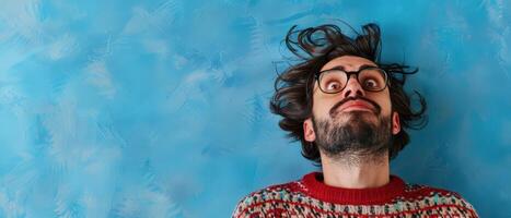 Man With Glasses and Beard Looking Upward Against Blue Background photo