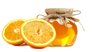 A jar of orange jam is on a table with oranges and leaves. The jar is filled with a yellowish liquid and the oranges are sliced png