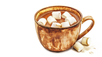 A mug of hot chocolate with marshmallows in it. The mug is brown and has a rustic look to it. The marshmallows are scattered around the edge of the mug, creating a cozy and comforting atmosphere png