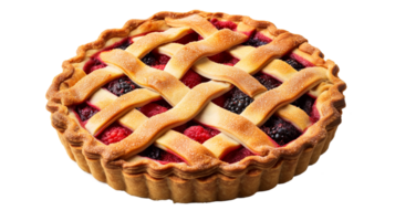 A pie with a lattice crust and raspberries on top. The pie is surrounded by raspberries, which are arranged in a circular pattern. The pie appears to be freshly baked and ready to be served png