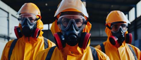 Three Workers Wearing Full Hazmat Suits and Respirators Inside a Building photo