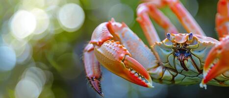Close Up Of A Colorful Crab With Its Claws Out In A Green And Bokeh Background photo