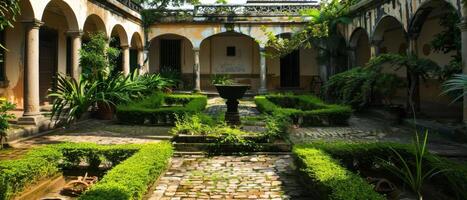 A Stone Courtyard Garden in an Old Colonial Building With Lush Greenery photo