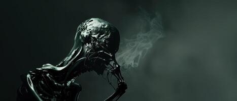 A Disturbing Digital Render of a Decaying Figure Against a Grey Background photo