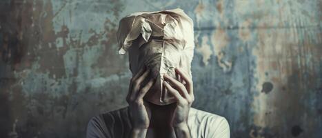 A Person With A Paper Bag Over Their Head Standing Against A Weathered Wall photo
