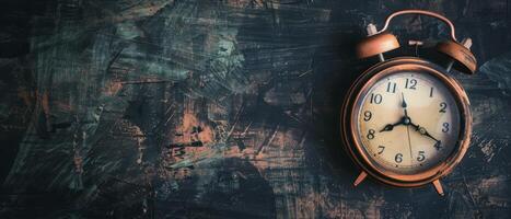 Vintage Alarm Clock on Dark Wooden Surface photo