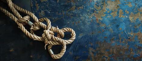 Thick Rope Tied With Metal Rings On A Blue Weathered Surface photo