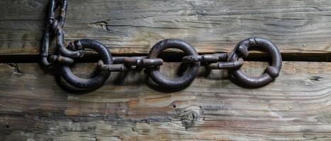 Rusty Metal Chain Resting on Weathered Wooden Planks photo