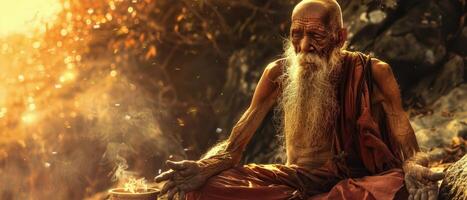 Elderly Man Meditating in the Warm Sunset Light photo