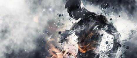 Powerful Man Emerging From Smoke and Fire photo