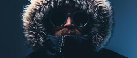 Man Wearing Fur Lined Hood and Sunglasses in a Studio Setting photo
