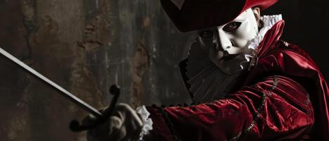 Masked Figure Holding a Sword in a Dark Room photo