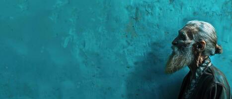 Elderly Man With White Hair and Beard Standing in Front of Teal Wall photo