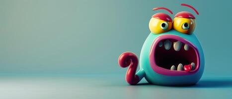 Playful Blue Monster With Red Eyebrows and Open Mouth on Blue Background photo